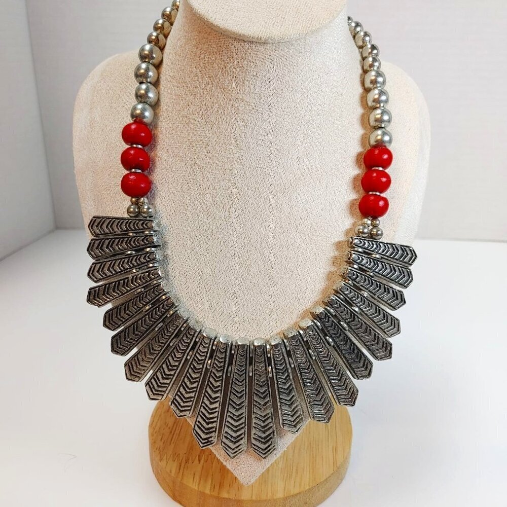 Egyptian Fringe Red Silver Beaded Statement Collar Necklace Silver Tone